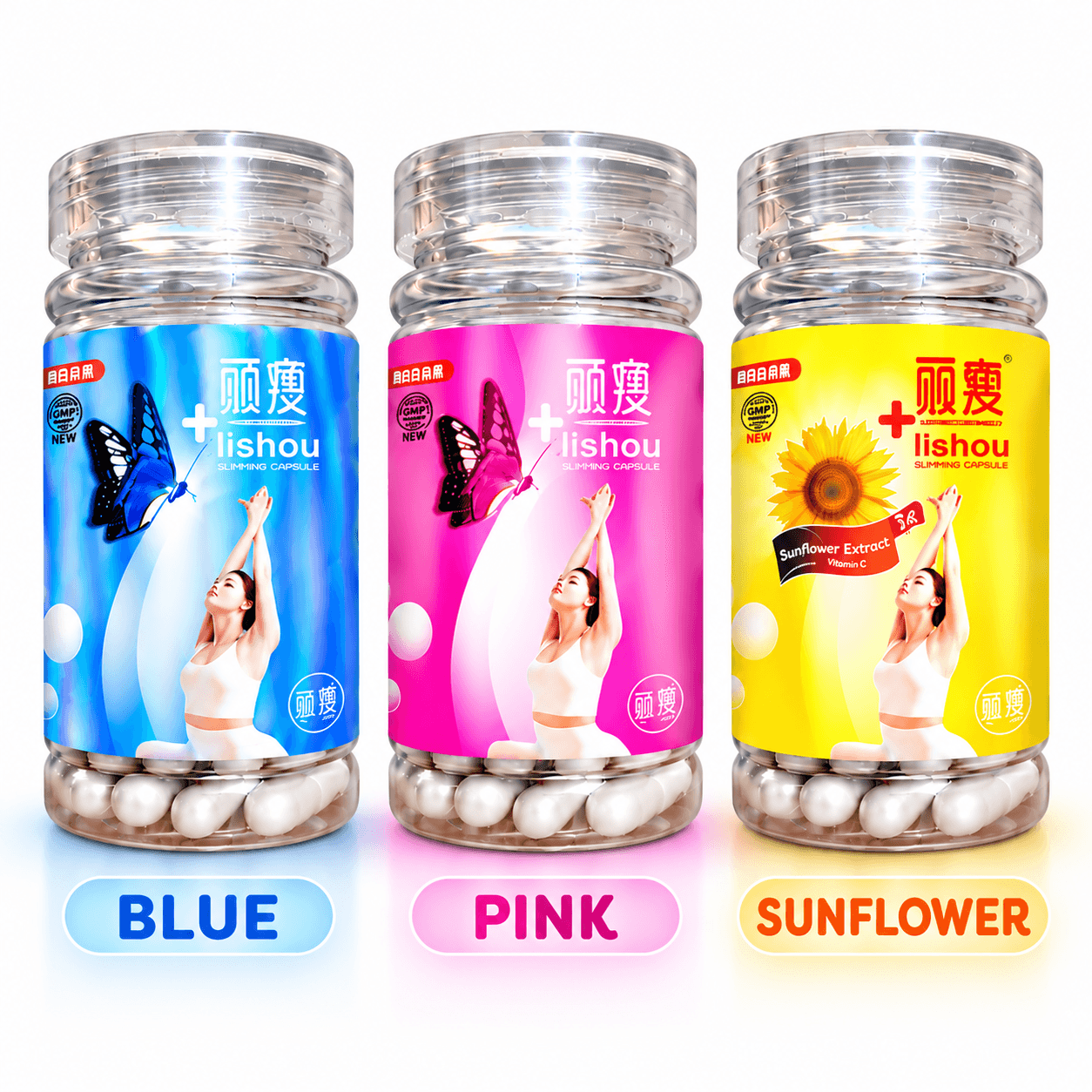 LISHOU Blue Butterfly, Pink Butterfly, and Sunflower products together